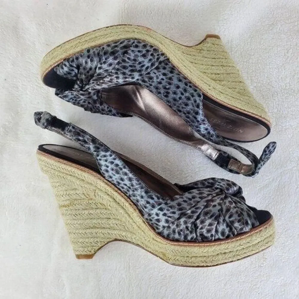 Nine West Grey Satin Animal Print Bow Slingback Platform Espadrille Shoes 10M